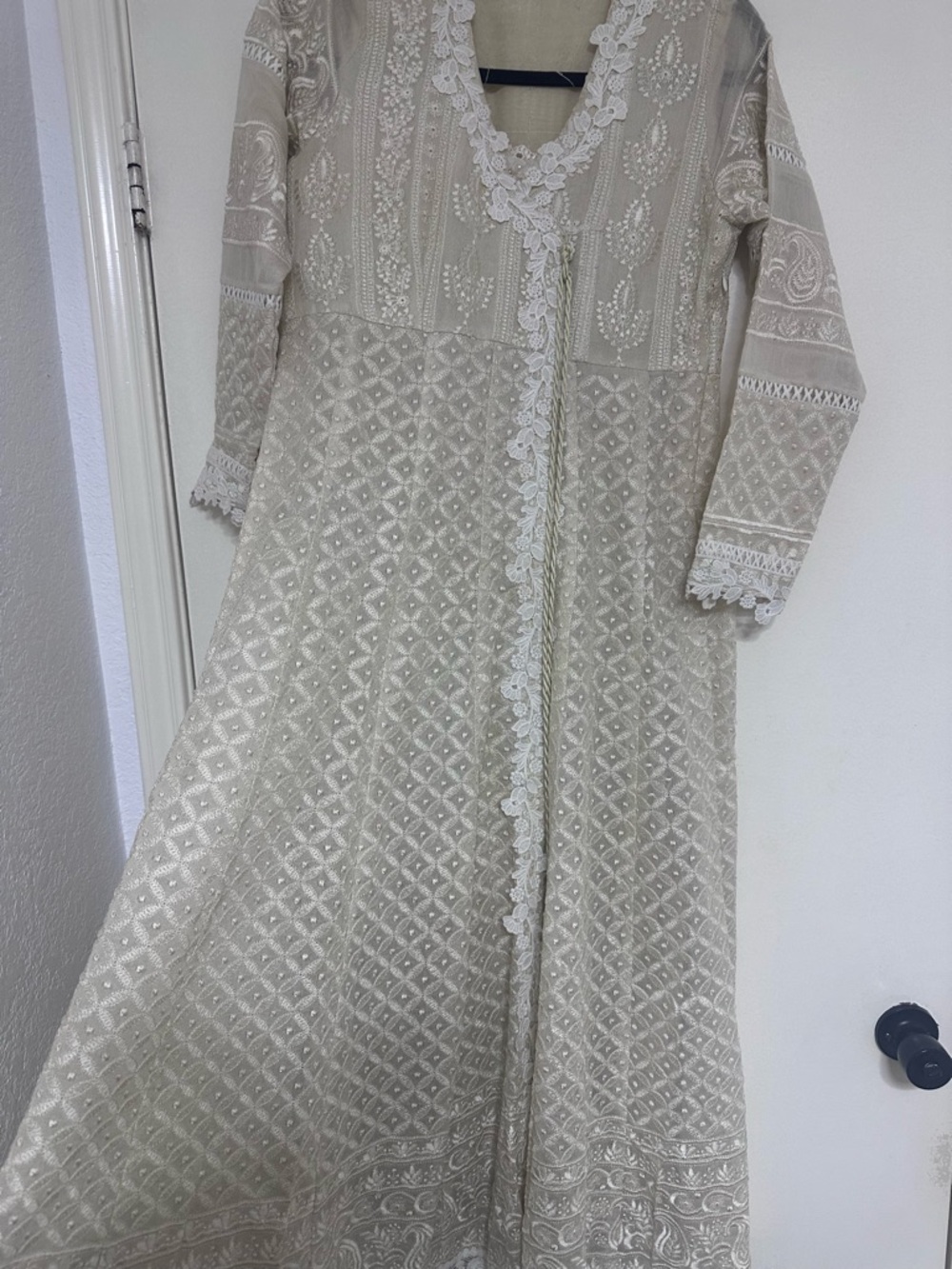 Embroidered Cream Maxi Dress with Lace Trim